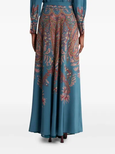 Etro Silk Maxi Skirt With Placed Print In Blue