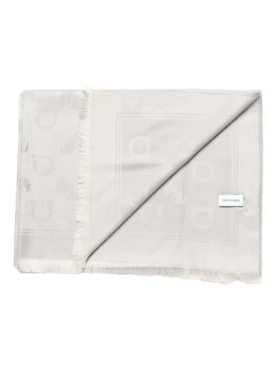 Ferragamo Gancini-pattern Fringed Scarf In Neutral