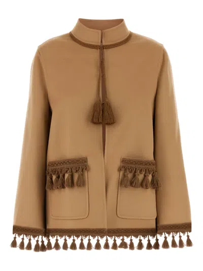 Valentino Open Front Wool Blend Jacket With Tassel Trim In Brown