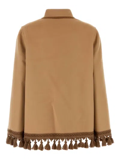 Valentino Open Front Wool Blend Jacket With Tassel Trim In Brown