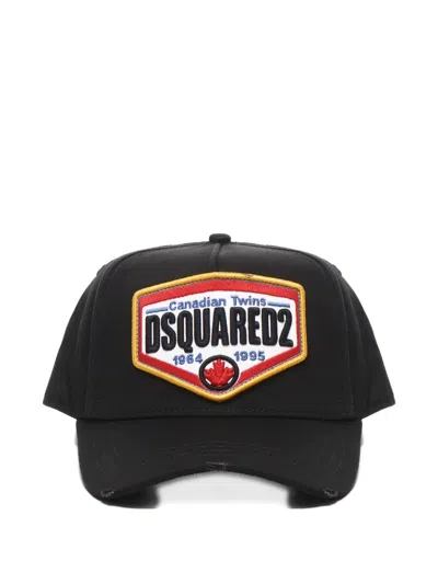 Dsquared2 Black Baseball Cap With Maxi Print On The Front And Rear Adjustable Buckle Cosure In Cotton Man In Black