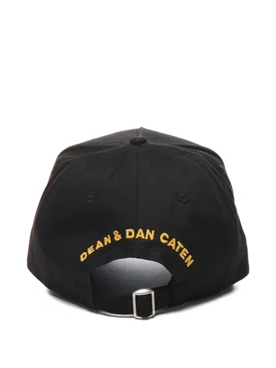 Dsquared2 Black Baseball Cap With Maxi Print On The Front And Rear Adjustable Buckle Cosure In Cotton Man In Black
