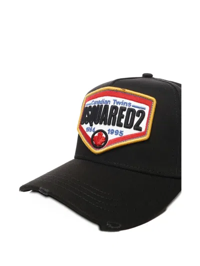Dsquared2 Black Baseball Cap With Maxi Print On The Front And Rear Adjustable Buckle Cosure In Cotton Man In Black