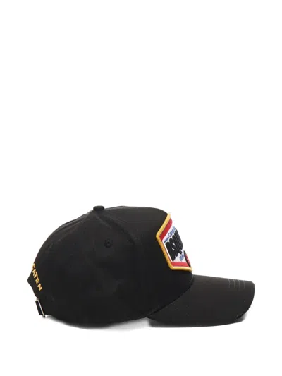 Dsquared2 Black Baseball Cap With Maxi Print On The Front And Rear Adjustable Buckle Cosure In Cotton Man In Black