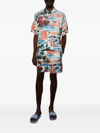 Amiri Cityscape Printed Drawstring Shorts In Multi
