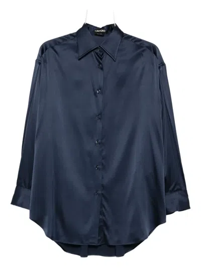 Tom Ford Relaxed Fit Stretch Silk Satin Blouse In Blue
