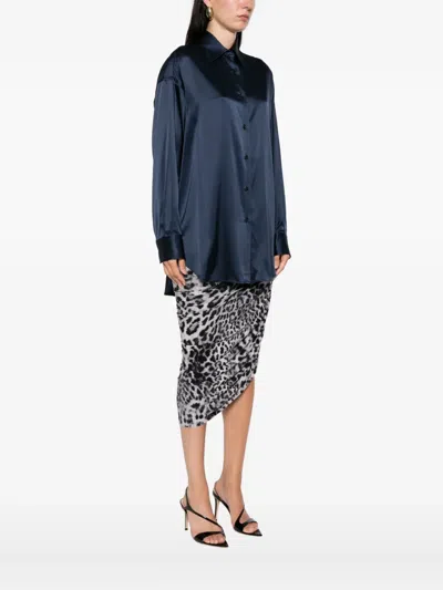 Tom Ford Relaxed Fit Stretch Silk Satin Blouse In Blue