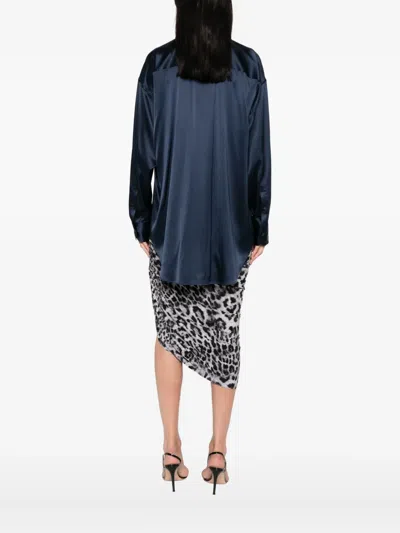 Tom Ford Relaxed Fit Stretch Silk Satin Blouse In Blue