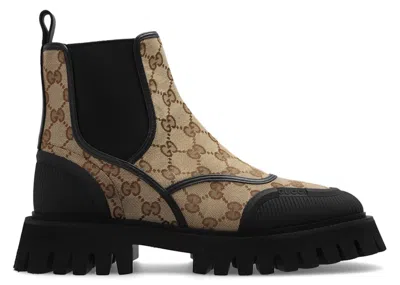 Pre-owned Gucci Gg Jacquard Canvas Ankle Boots (women's) Sneakers In Beige/ebony