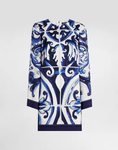 Dolce & Gabbana Majolica-print Long-sleeve Mini Dress In Blue
