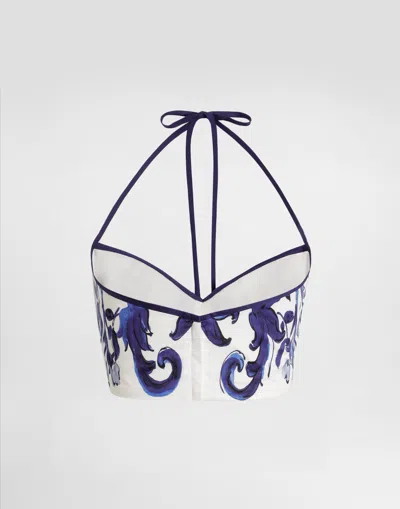 Dolce & Gabbana Majolica-print Cotton Satin Top In Blue