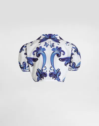 Dolce & Gabbana Majolica-print Puff-sleeve Top In Blue