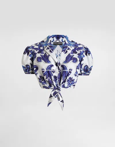 Dolce & Gabbana Majolica-print Puff-sleeve Top In Blue