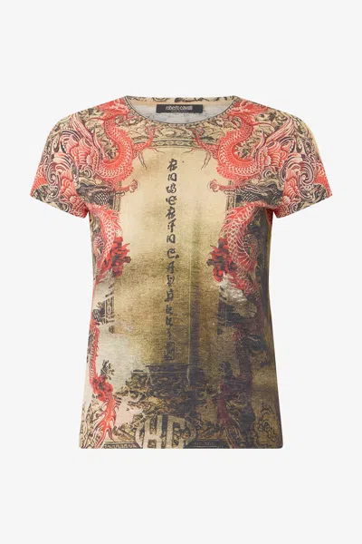 Roberto Cavalli Cotton T-shirt With Oriental Print In Multi