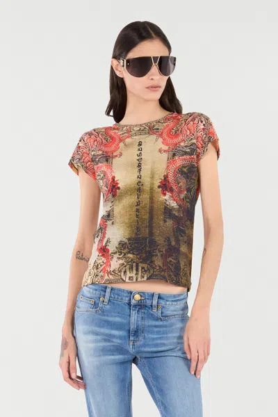 Roberto Cavalli Cotton T-shirt With Oriental Print In Multi