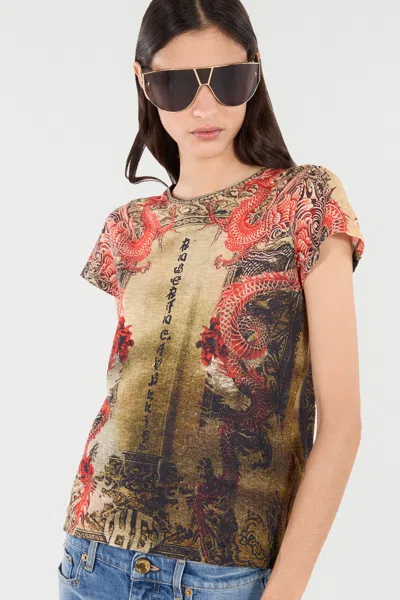 Roberto Cavalli Cotton T-shirt With Oriental Print In Multi