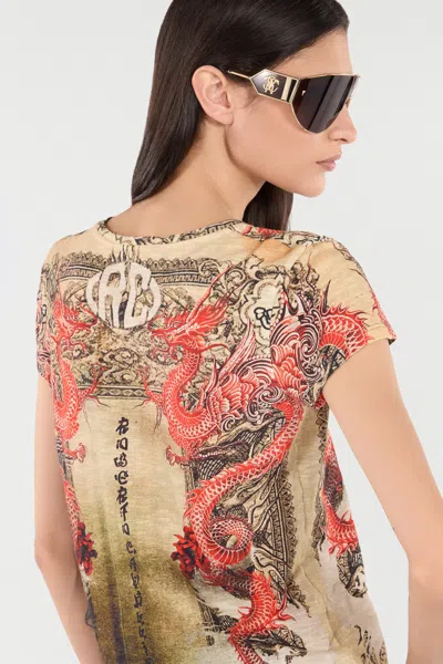 Roberto Cavalli Cotton T-shirt With Oriental Print In Multi