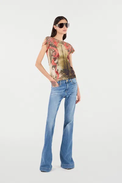 Roberto Cavalli Cotton T-shirt With Oriental Print In Multi