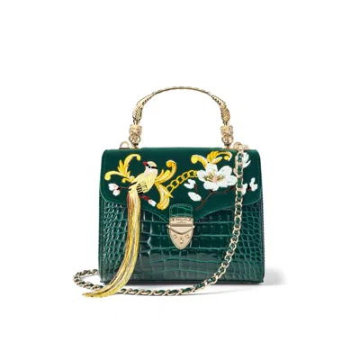 Aspinal Of London Mayfair Midi Green Leather Hand Embroidery Paradise Bird Design Bag