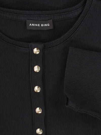 Anine Bing Ribbed Texture Round Neck Button Detailing Top In Black