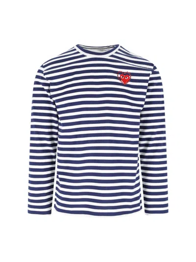 Comme Des Garçons Play Emblem Striped T-shirt With Rhinestones In Blue