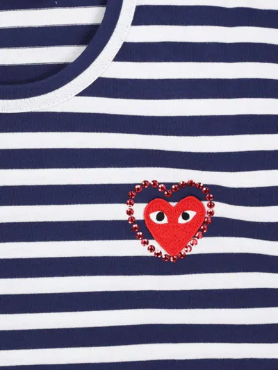 Comme Des Garçons Play Emblem Striped T-shirt With Rhinestones In Blue