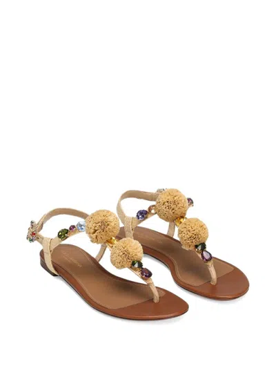 Dolce & Gabbana Embellished Raffia-effect Thong Sandals In Brown