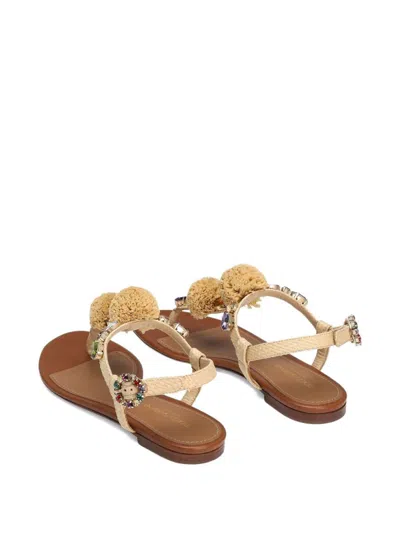 Dolce & Gabbana Embellished Raffia-effect Thong Sandals In Brown