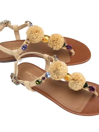 Dolce & Gabbana Embellished Raffia-effect Thong Sandals In Brown