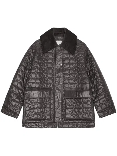 Ganni Shiny Black Quilted Midi Jacket With Pointed Collar In Black