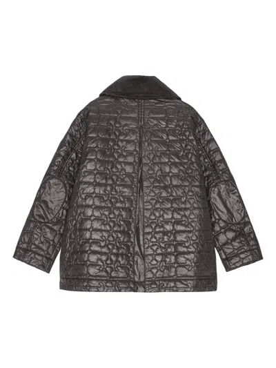 Ganni Shiny Black Quilted Midi Jacket With Pointed Collar In Black