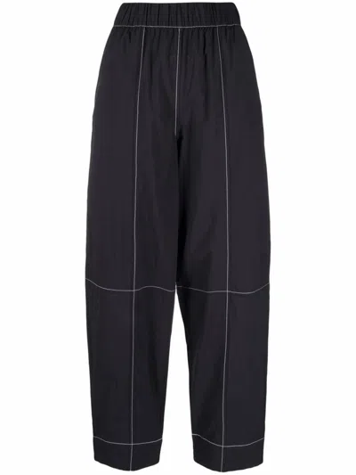 Ganni Womens Black Curved-leg Mid-rise Organic Cotton-blend Trousers In Black