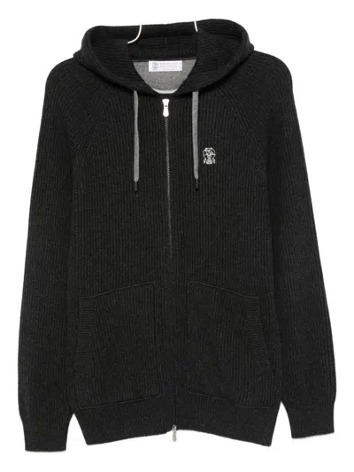 Brunello Cucinelli Cashmere Zip-up Hoodie Featuring Drawstring Hood In Black