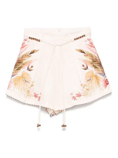 Zimmermann Ascension Belted Bead-embellished Floral-print Linen Shorts