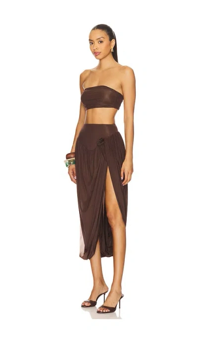 Maygel Coronel Noriega Strapless Twisted Draped Stretch-jersey Bandeau And Skirt Set In Brown