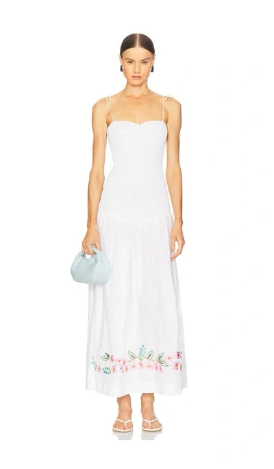 S/w/f Shirred Embroidered Drop Hem Maxi Dress In White