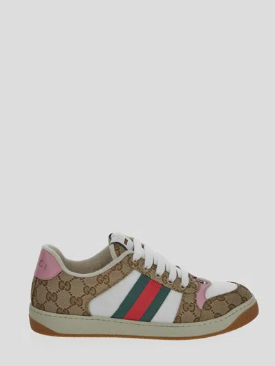Gucci Screener Trainer In Gg Fabric And Pink Leather