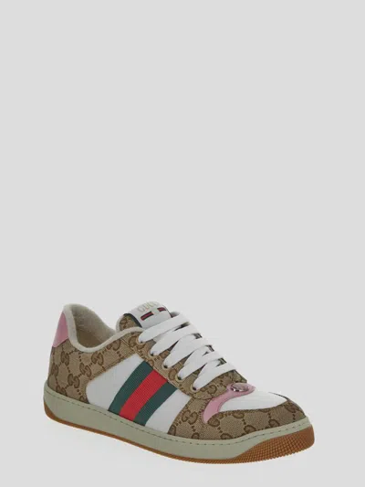Gucci Screener Trainer In Gg Fabric And Pink Leather