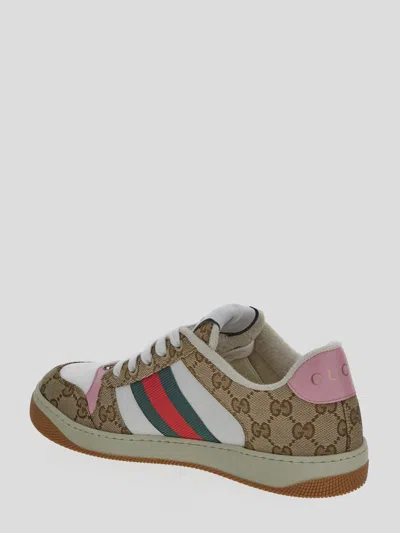 Gucci Screener Trainer In Gg Fabric And Pink Leather