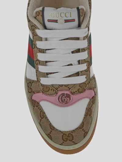 Gucci Screener Trainer In Gg Fabric And Pink Leather