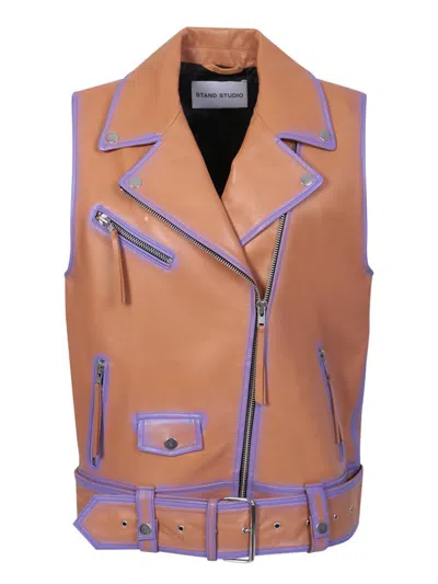 Stand Studio Tan And Lilac Biker Vest In Pink