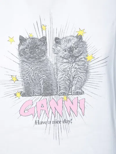 Ganni White Crewneck T-shirt With Logo Print On The Front In Cotton Woman In White