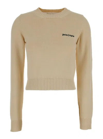 Palm Angels Cream White Crewneck Sweater With Embroidered Logo In Cotton Woman