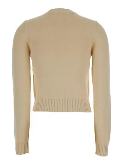 Palm Angels Cream White Crewneck Sweater With Embroidered Logo In Cotton Woman