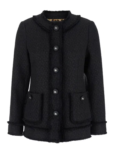 Dolce & Gabbana Black Single-breasted Jacket With Branded Button In Tweed Woman In Black