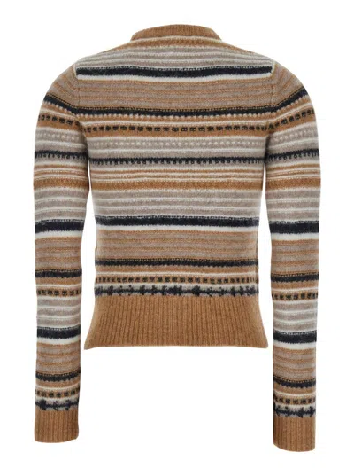 Ganni Multicolor Striped Cardigan With Logo Embroidery In Wool Woman In Brown