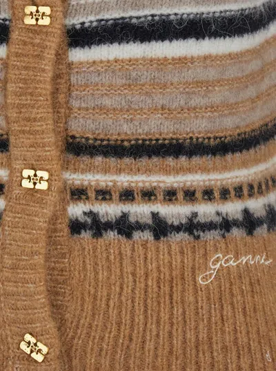 Ganni Multicolor Striped Cardigan With Logo Embroidery In Wool Woman In Brown
