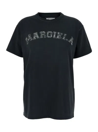 Maison Margiela Black Crewneck T-shirt With Logo Lettering Print In Cotton Woman