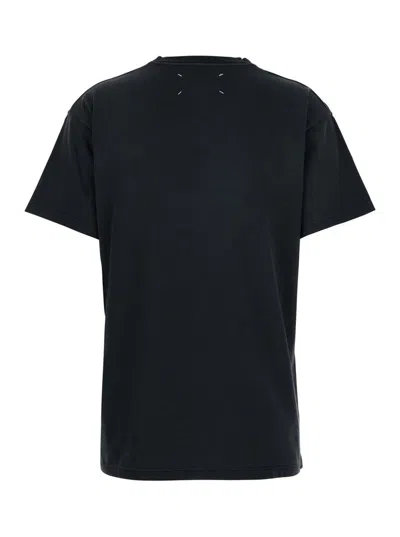 Maison Margiela Black Crewneck T-shirt With Logo Lettering Print In Cotton Woman