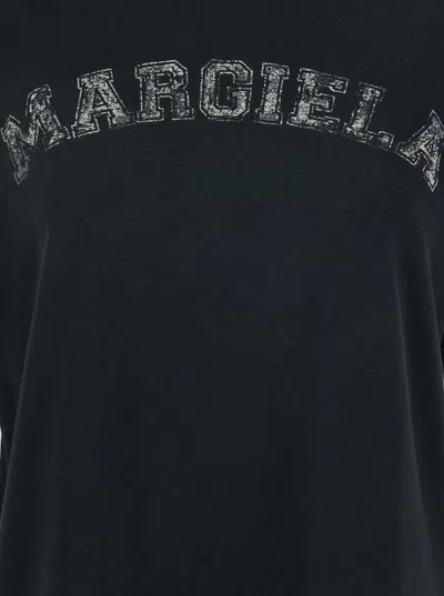 Maison Margiela Black Crewneck T-shirt With Logo Lettering Print In Cotton Woman